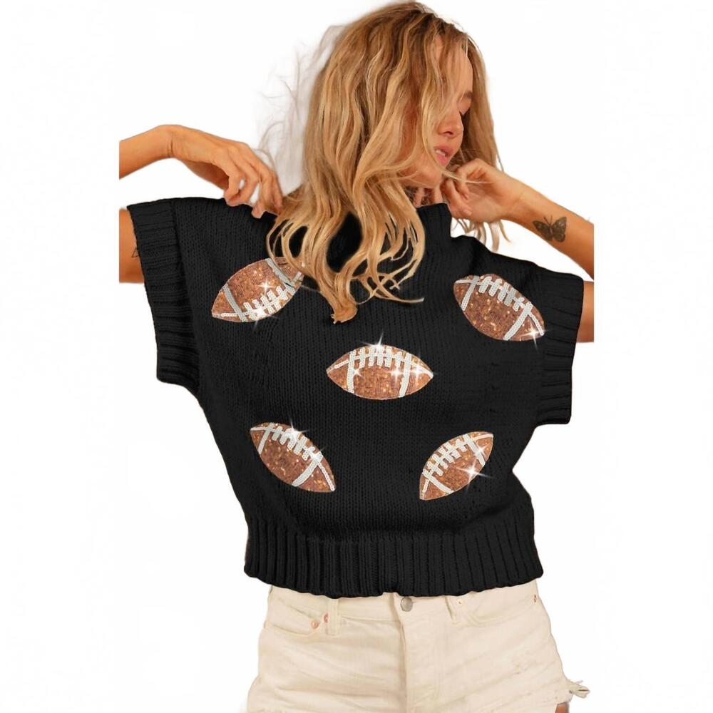 NEW BIBI sequin football patches rib sweater in black